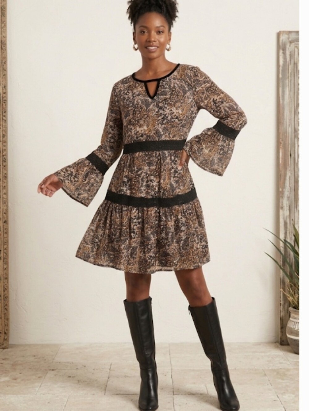 Knox Rose Paisley Lace and Velvet Trim Boho Dress Long Sleeve Bell Sleeve Size L